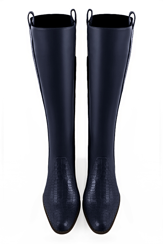 Navy blue women's riding knee-high boots. Round toe. Low leather soles. Made to measure. Top view - Florence KOOIJMAN